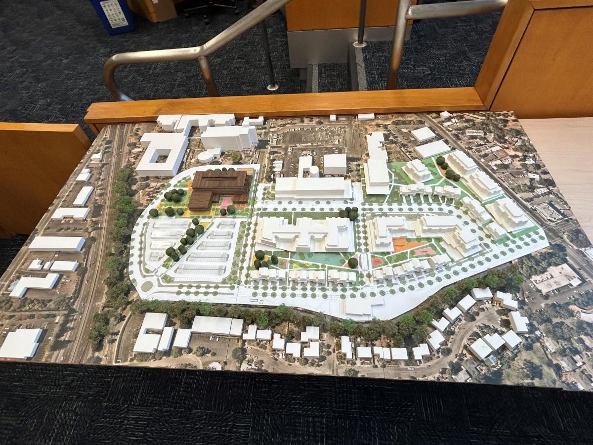 A model of the future Sonoma County Government Center is displayed at the Board of Supervisors meeting on July 8, 2025.