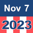 Small square graphic with 'Nov 7 2023' written on a patriotic background composed of red, white, and blue