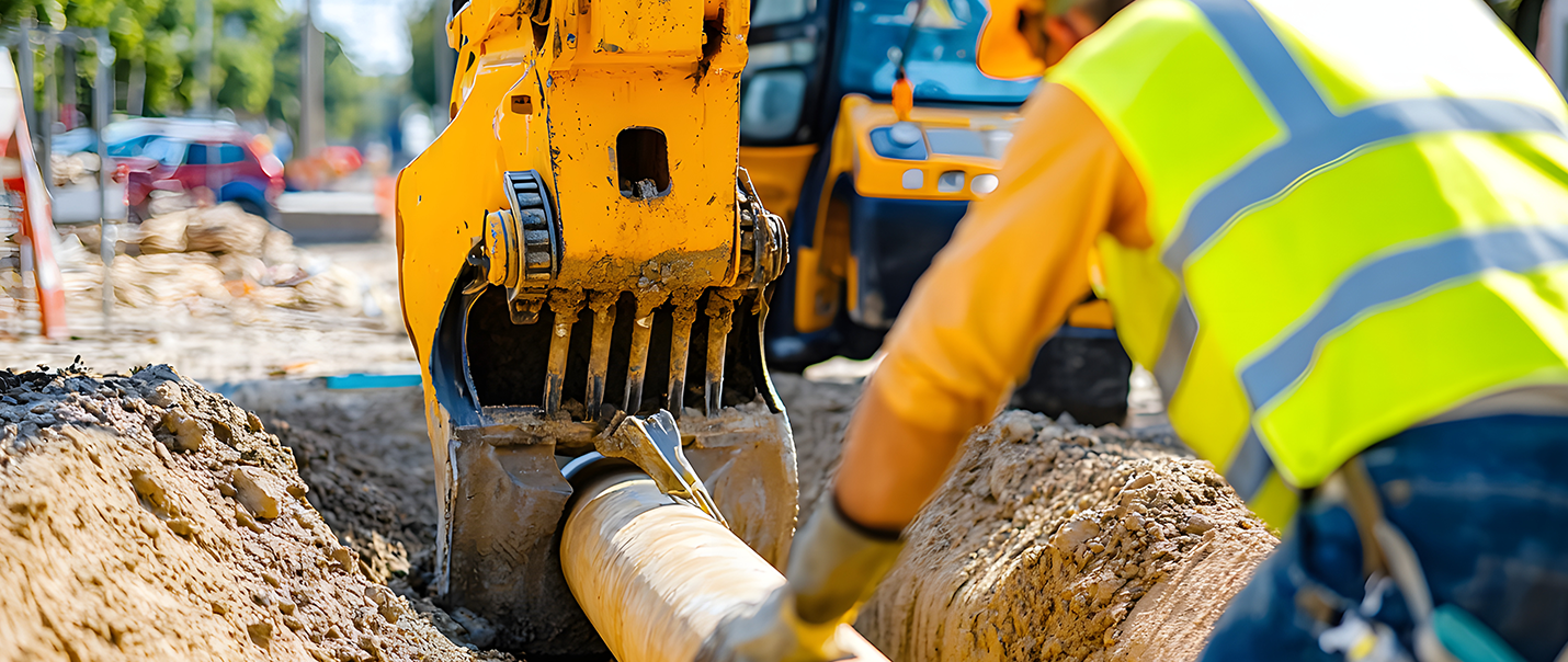 construction worker guiding laying of large underground pipe