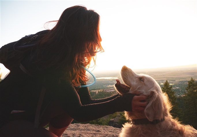 girl holding dogs face