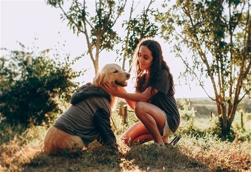 girl petting a dog outside